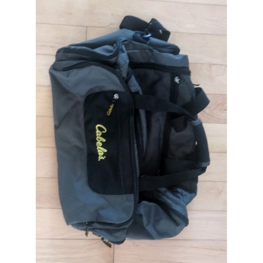 Cabela's Duffel Bag Black Gray Padded Shoulder Strap Multi Pockets Travel Gear